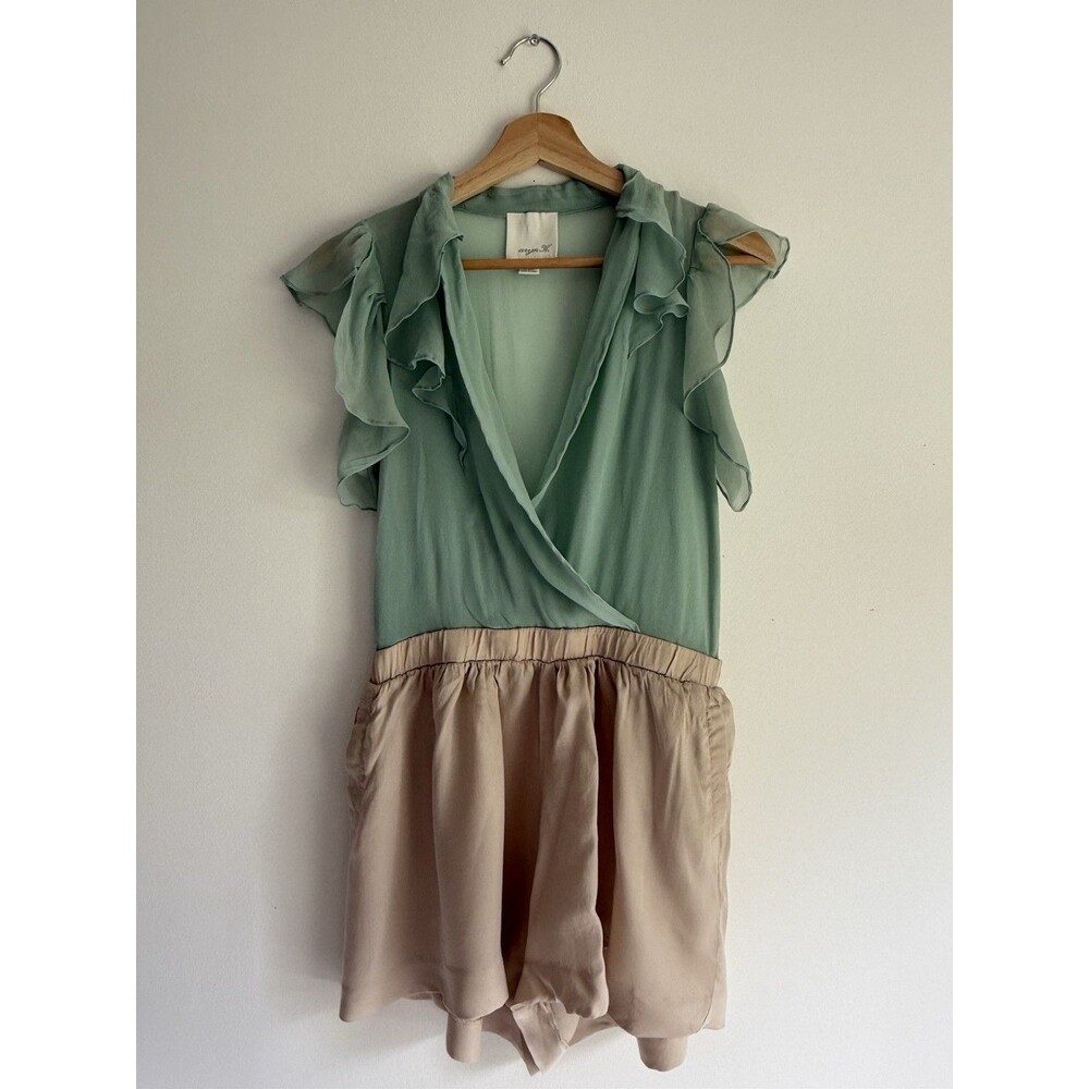 Aryn K 100% Silk Ruffle Romper Size S – Mint Green & Beige – Designer Summer